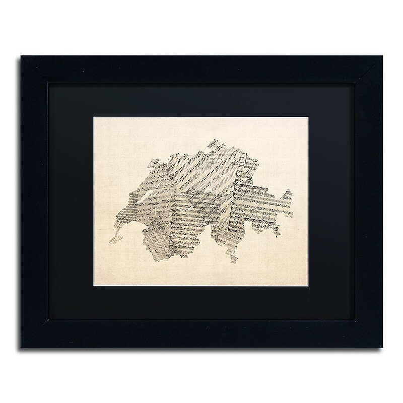 Trademark Fine Art ''Sheet Music Map of Switzerland'' by Michael Tompsett 11" x 14" Black Matted Black Frame (MT0535-B1114BMF) image 1