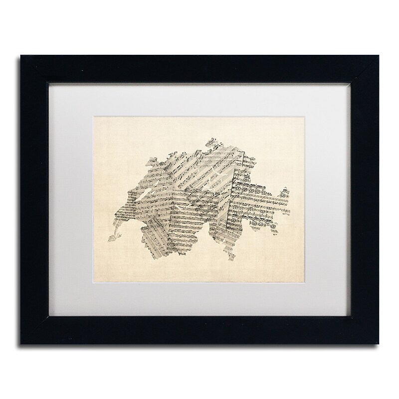 Trademark Fine Art ''Sheet Music Map of Switzerland'' by Michael Tompsett 11" x 14" White Matted Black Frame (MT0535-B1114MF) image 1