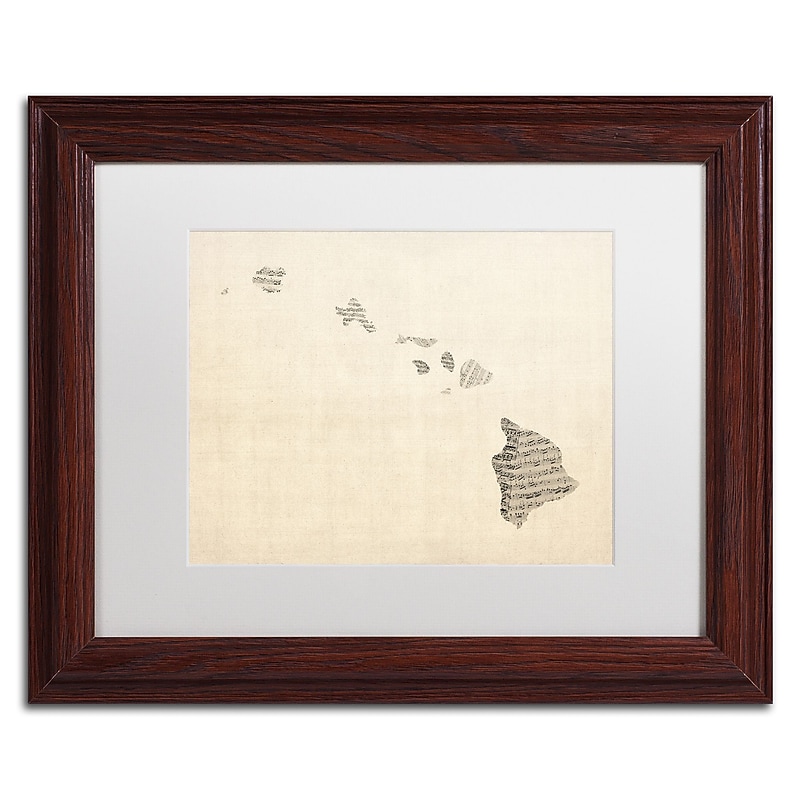 Trademark Fine Art ''Old Sheet Music Map of Hawaii'' by Michael Tompsett 11" x 14" White Matted Wood Frame (MT0536-W1114MF) image 1