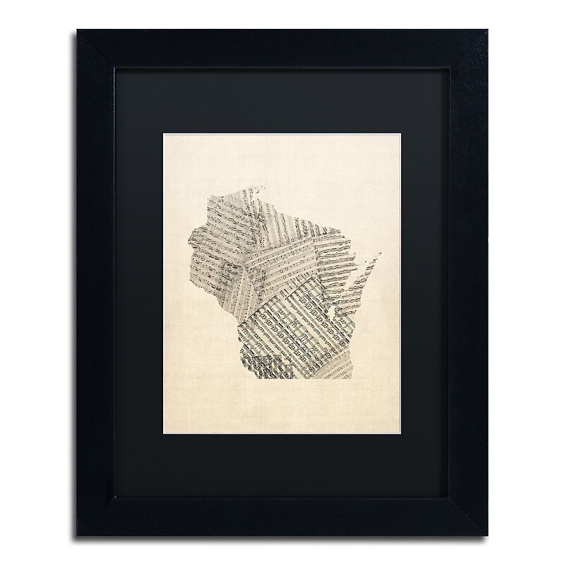 Trademark Fine Art ''Old Sheet Music Map of Wisconsin'' by Michael Tompsett 11" x 14" Black Frame (MT0537-B1114BMF) image 1