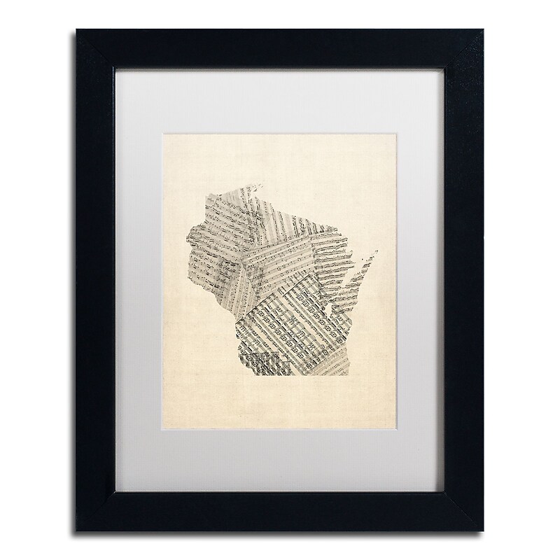 Trademark Fine Art ''Old Sheet Music Map of Wisconsin'' by Michael Tompsett 11" x 14" Black Frame (MT0537-B1114MF) image 1
