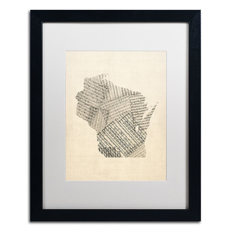 Trademark Fine Art ''Old Sheet Music Map of Wisconsin'' by Michael Tompsett 16" x 20" Black Frame (MT0537-B1620MF) image 1