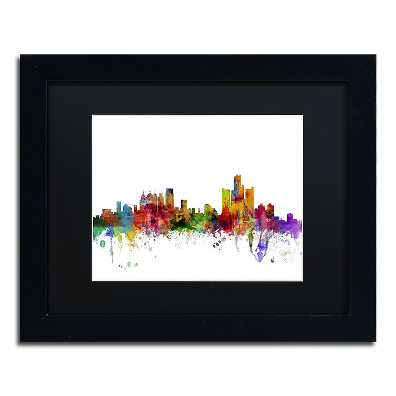 Trademark Fine Art ''Detroit Michigan Skyline'' by Michael Tompsett 11" x 14" Black Matted Black Frame (MT0557-B1114BMF) image 1