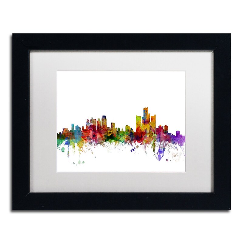 Trademark Fine Art ''Detroit Michigan Skyline'' by Michael Tompsett 11" x 14" White Matted Black Frame (MT0557-B1114MF) image 1
