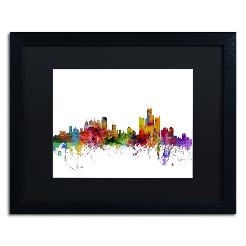 Trademark Fine Art ''Detroit Michigan Skyline'' by Michael Tompsett 16" x 20" Black Matted Black Frame (MT0557-B1620BMF) image 1
