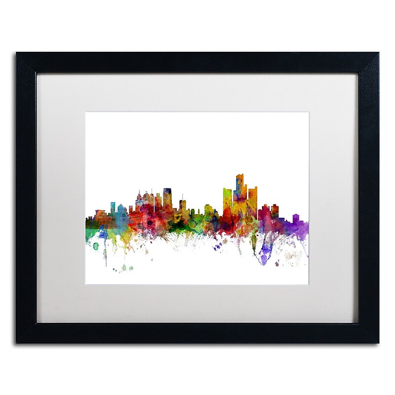 Trademark Fine Art ''Detroit Michigan Skyline'' by Michael Tompsett 16" x 20" White Matted Black Frame (MT0557-B1620MF) image 1