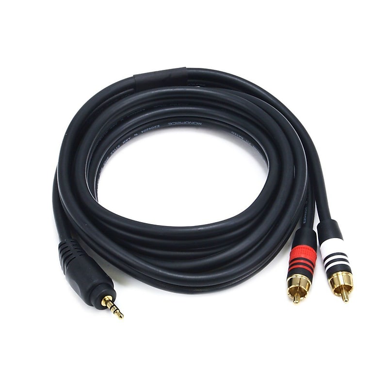Monoprice® Premium 6' Gold Plated 3.5mm Stereo Male to 2-RCA Male 22AWG Cable, Black image 1