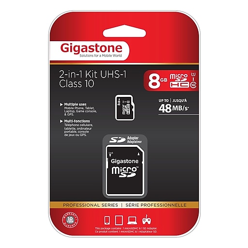 Gigastone 8GB SDHC Memory Card with Adapter, Class 10, UHS-I (DEM2IN1C1008GR) | Staples