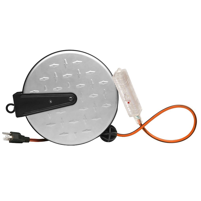 Designers Edge E215 16/3-Gauge 30-Foot Retractable Cord Reel with Grounded Lighted Triple Tap, Diamond Plated image 1