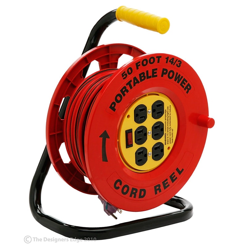Designers Edge E235 14/3-Gauge 50-Foot Cord Reel Power Station with (6) Grounded Outlets, Black and Red image 1