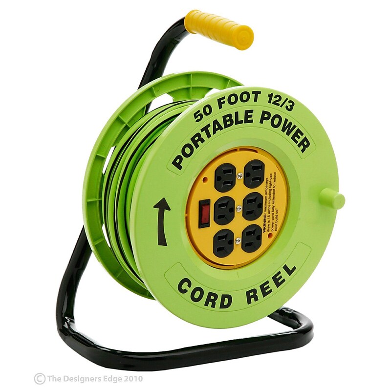Designers Edge E238 12/3-Gauge 50-Foot Cord Reel Power Station with (6) Grounded Outlets, Black and Green image 1