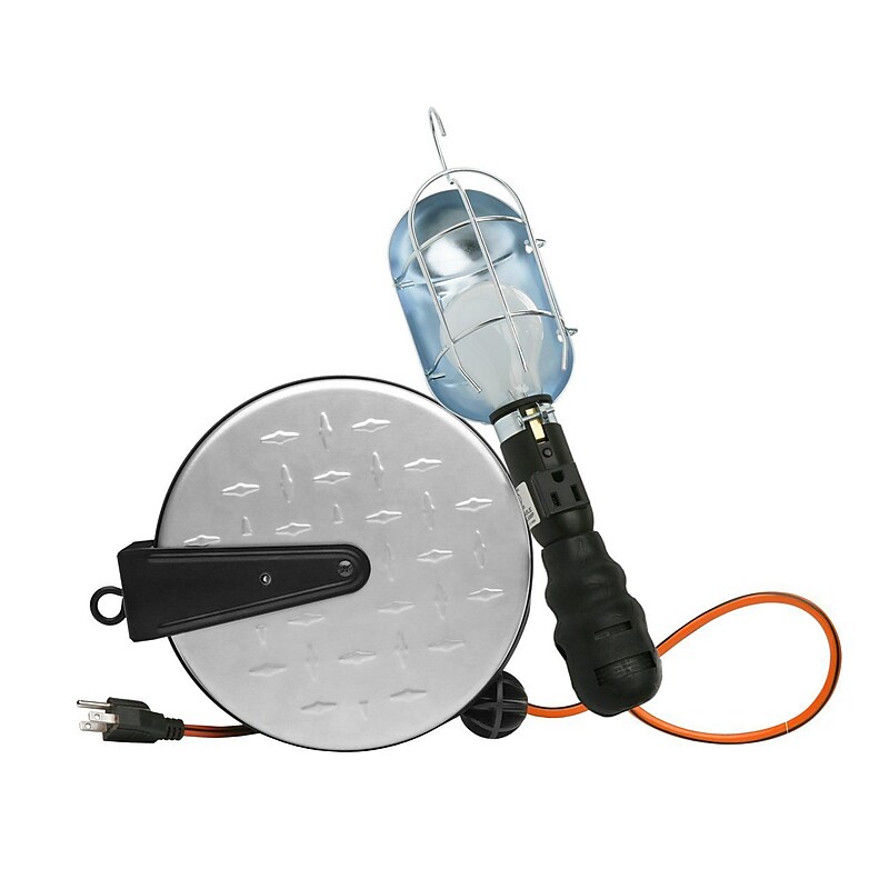 Designers Edge E251 14/3-Gauge 25-Foot Metal Retractable Cord Reel 100-Watt Handheld Incandescent Work Light, Diamond Plated image 1
