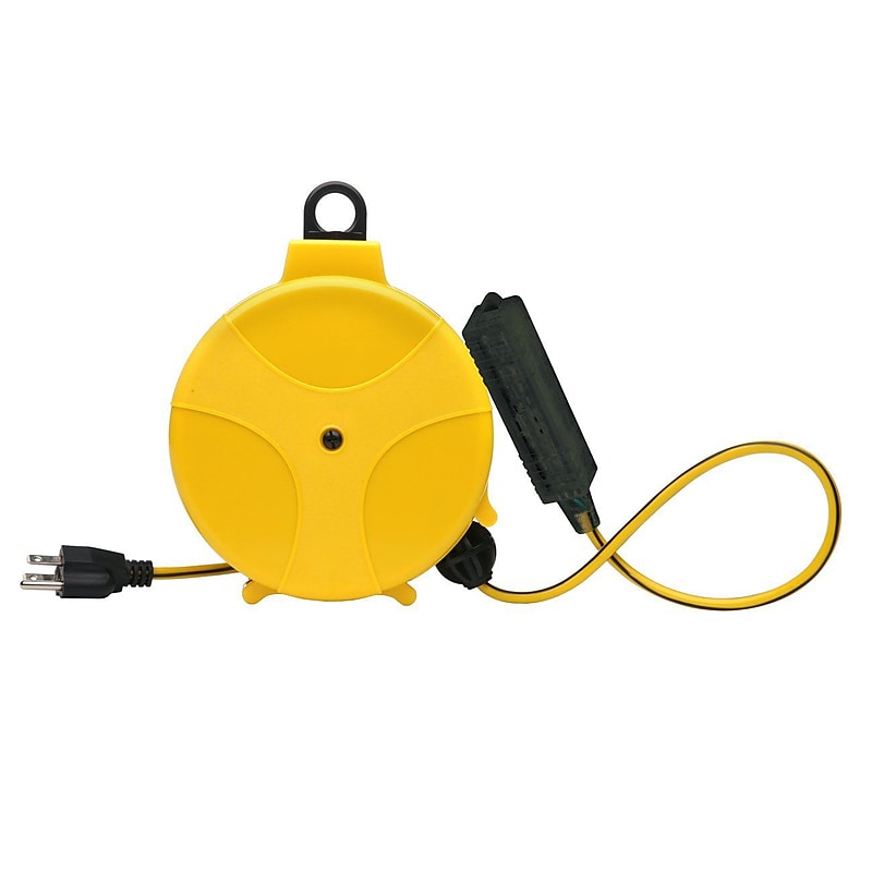 Designers Edge E315 16/3-Gauge 20-Foot Retractable Cord Reel with Grounded Light-Up Triple Tap, Yellow image 1
