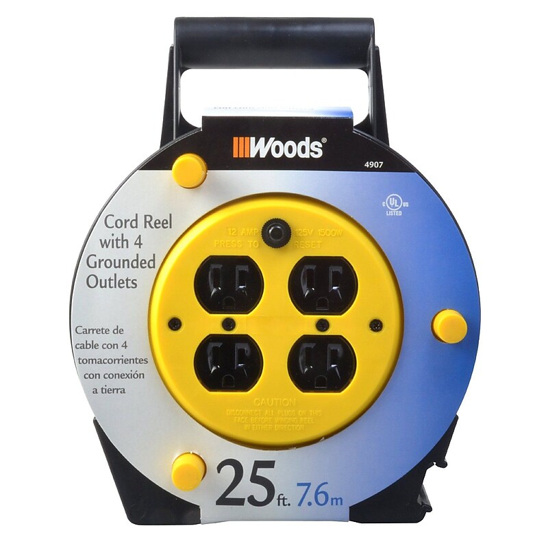 Woods 4907 16/3-Gauge 25-Foot Cord Reel Power Station with (4) Grounded Outlets, Black and Yellow image 1