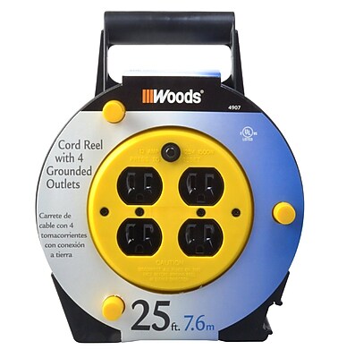 16AWG with 25ft Cord and Retractable Cord Reels Portable Power Station with 4 Outlets Built-in Circuit Breaker 25 Feet SJT 13A Black 