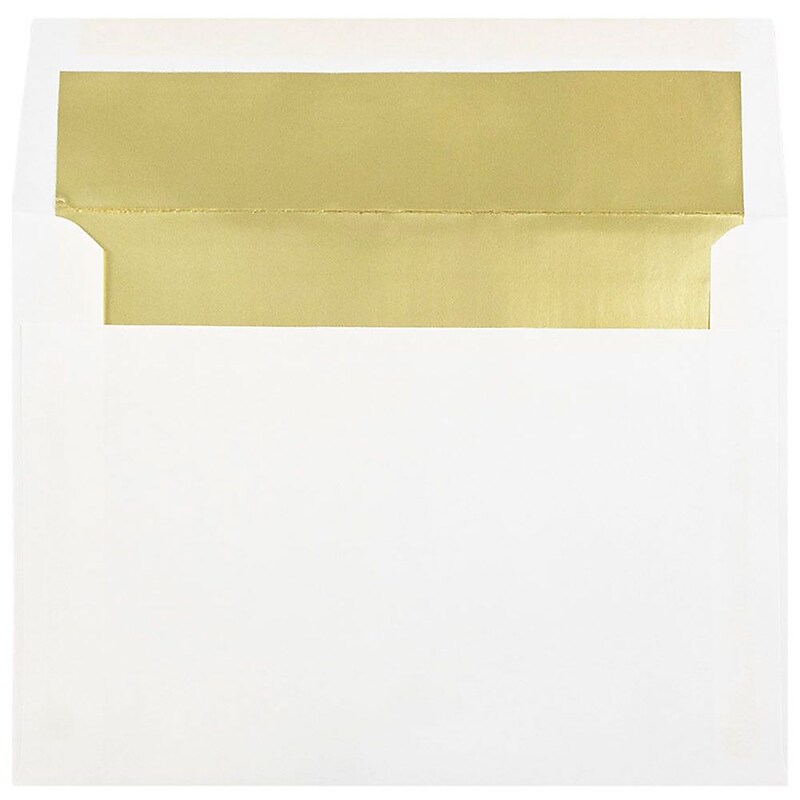 JAM Paper 3 7/8" x 8 1/8" Foil Lined Invitation Envelopes, White with Gold Lining, 25/pack (3243667) image 1