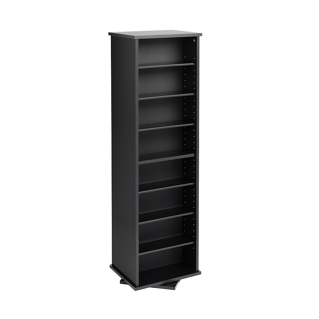 Tall black shelving unit with multiple fixed shelves