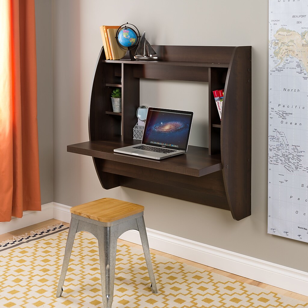 Desk with curved side shelves mounted on wall