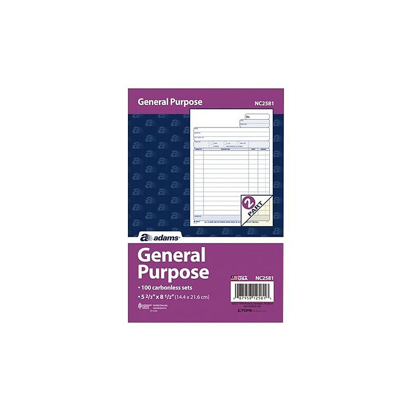 Adams  2-Part Carbonless General Purpose Forms, 100 Sets/Book (NC2581) image 1