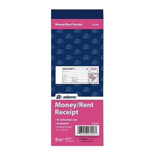 TOPS 3Part Money/Rent Receipt Book, 2.75" x 7.19", 50 Sheets/Book