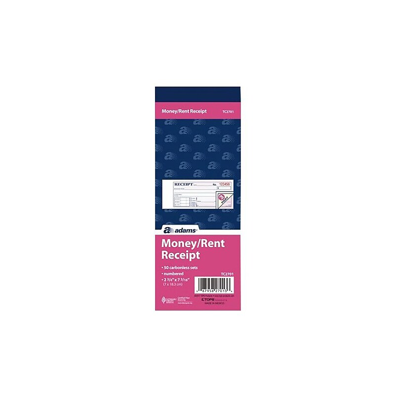 TOPS 3-Part Money/Rent Receipt Book, 2.75" x 7.19", 50 Sheets/Book (TC2701-3) image 1