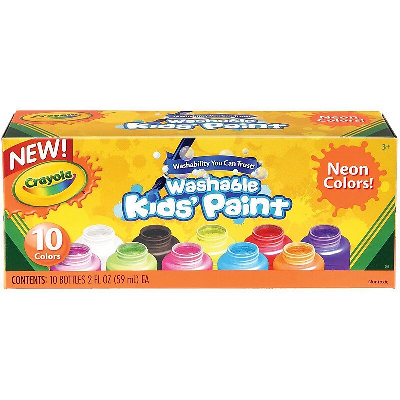 Crayola 10-color Neon Washable Kids Paint, 2 oz., 10/Set, Assorted image 1