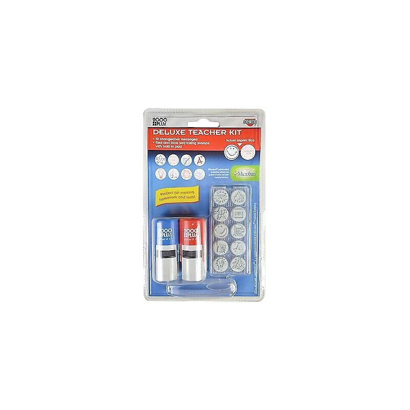 Consolidated Stamp 2000 Plus Self-Inking Deluxe Teachers Stamp Kit, 10 Changeable 5/8" Dia. Messages, Red/Blue Stamps (063614) image 1