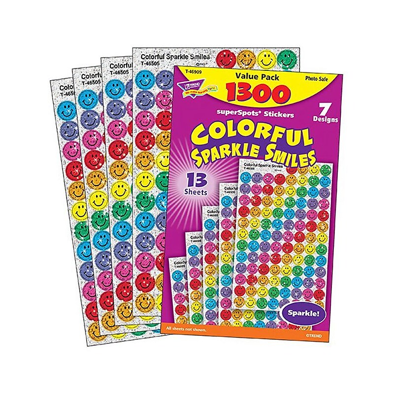 superSpots® Sticker Variety Pack, Colorful Sparkle Smiles, 1,300/Pack image 1
