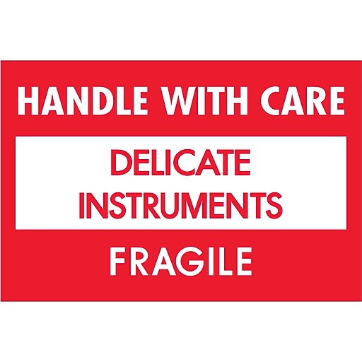 Tape Logic Fragile Labels, "Delicate Instruments HWC", 2" x 3", Red/White, 500/Roll (DL1308
