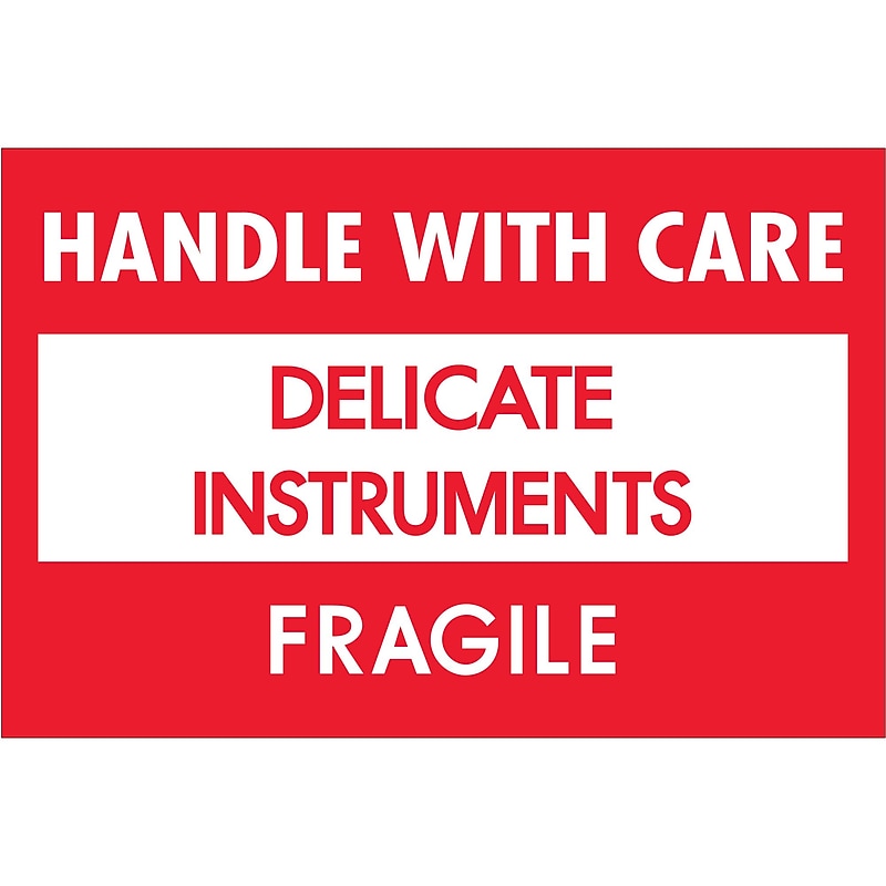 Tape Logic Fragile Labels, "Delicate Instruments - HWC", 2" x 3", Red/White, 500/Roll (DL1308) image 1