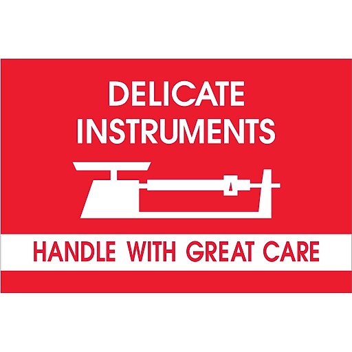 Tape Logic Fragile Labels, "Delicate Instruments HWC", 2" x 3", Red/White, 500/Roll (DL1309