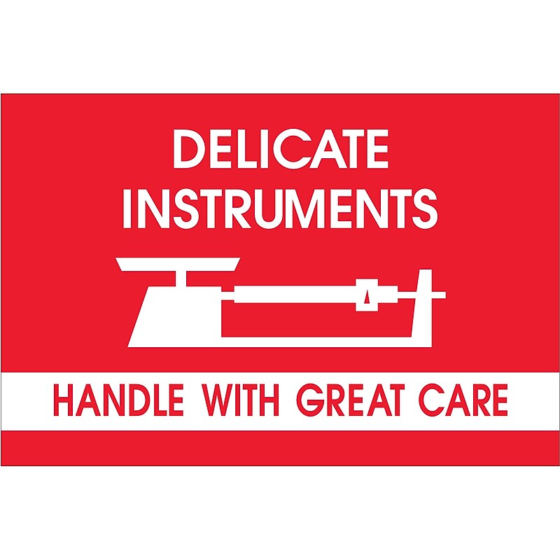 Tape Logic Fragile Labels, "Delicate Instruments - HWC", 2" x 3", Red/White, 500/Roll (DL1309) image 1