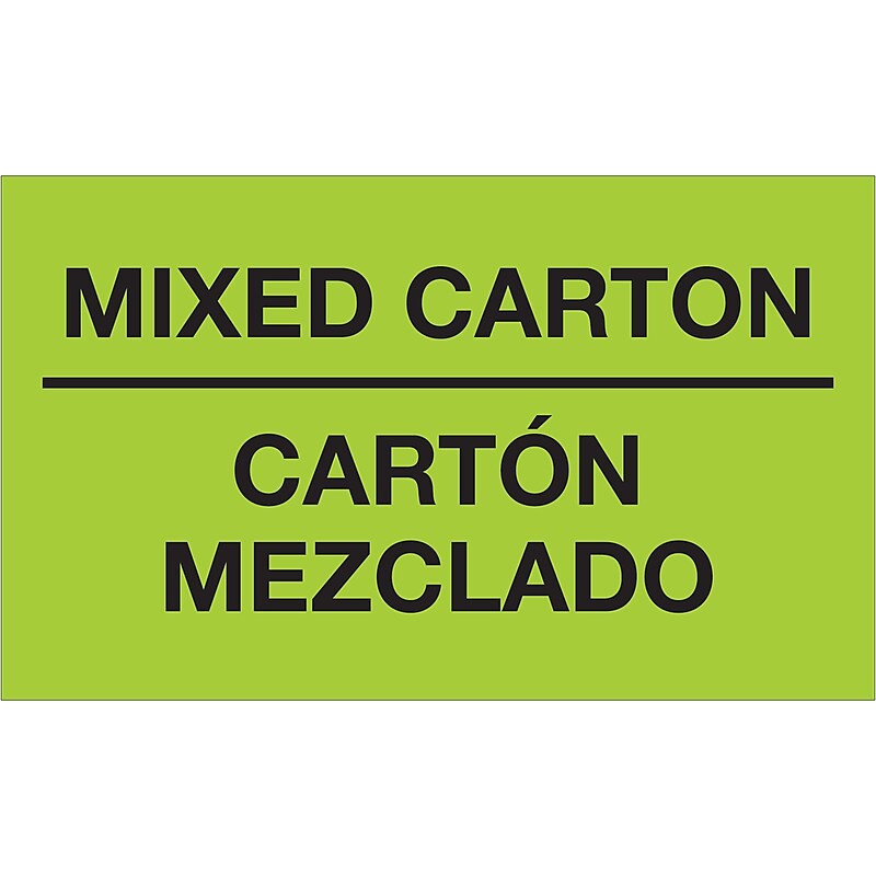 Tape Logic Bilingual Labels, "Mixed Carton - Carton Mezclado", 3" x 5", Fluorescent Green, 500/Roll (DL1319) image 1