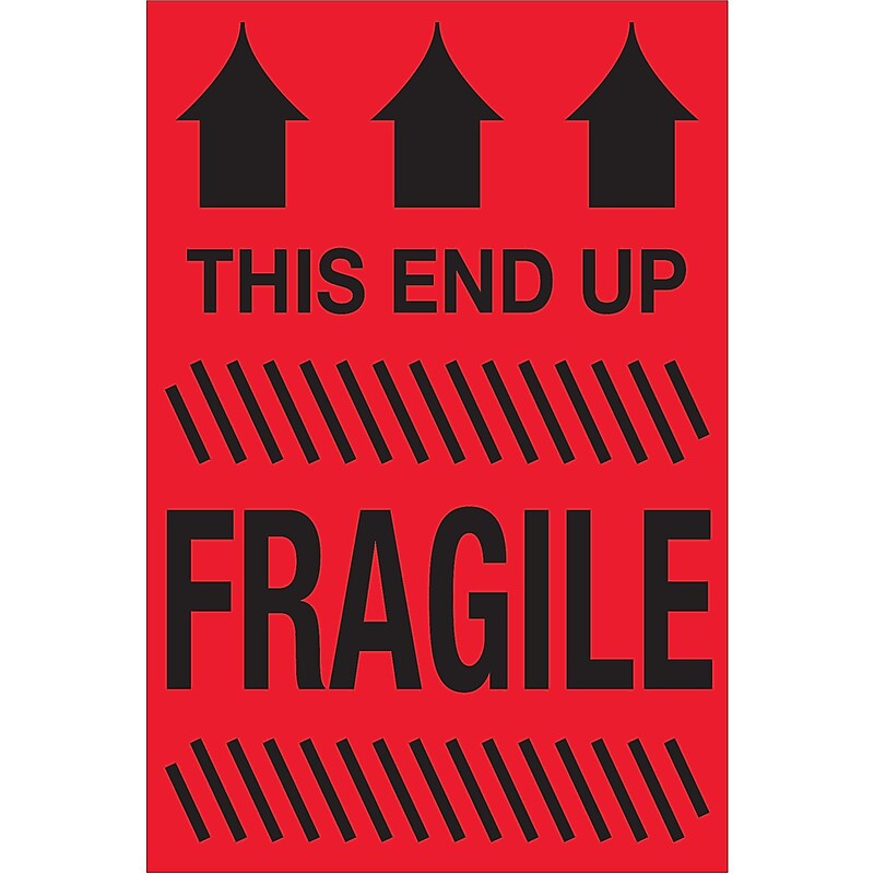 Tape Logic Labels, "This End Up - Fragile", 2" x 3", Fluorescent Red, 500/Roll (DL1325) image 1