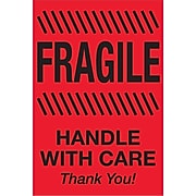Tape Logic Labels, "Fragile - Handle With Care", 2" x 3", Fluorescent Red, 500/Roll (DL1326)