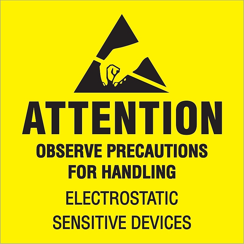 Tape Logic Labels, "Attention - Observe Precautions", 2" x 2", Fluorescent Yellow/Black, 500/Roll (DL1369) image 1