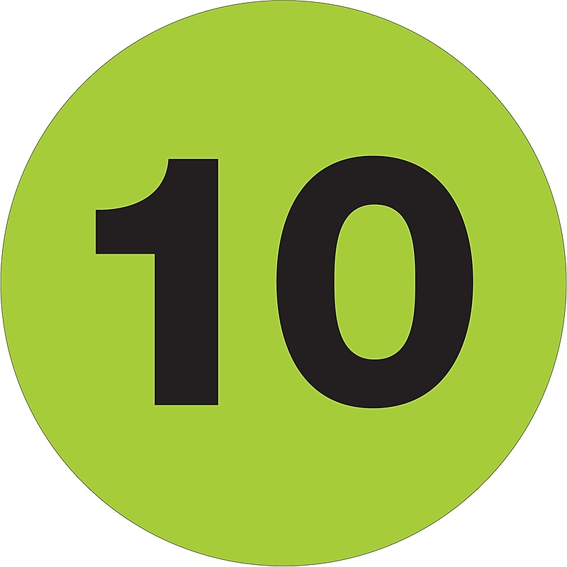 Tape Logic Number Labels, "10", 3" Circle, Fluorescent Green, 500/Roll (DL1351) image 1