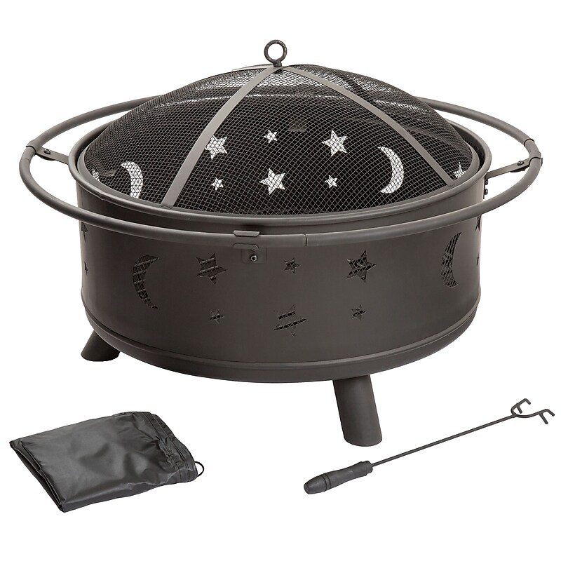 Pure Garden 30 inch Round Star and Moon Fire Pit with Cover - Black image 1