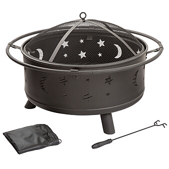 Pure Garden 30 inch Round Star and Moon Fire Pit with Cover - Black