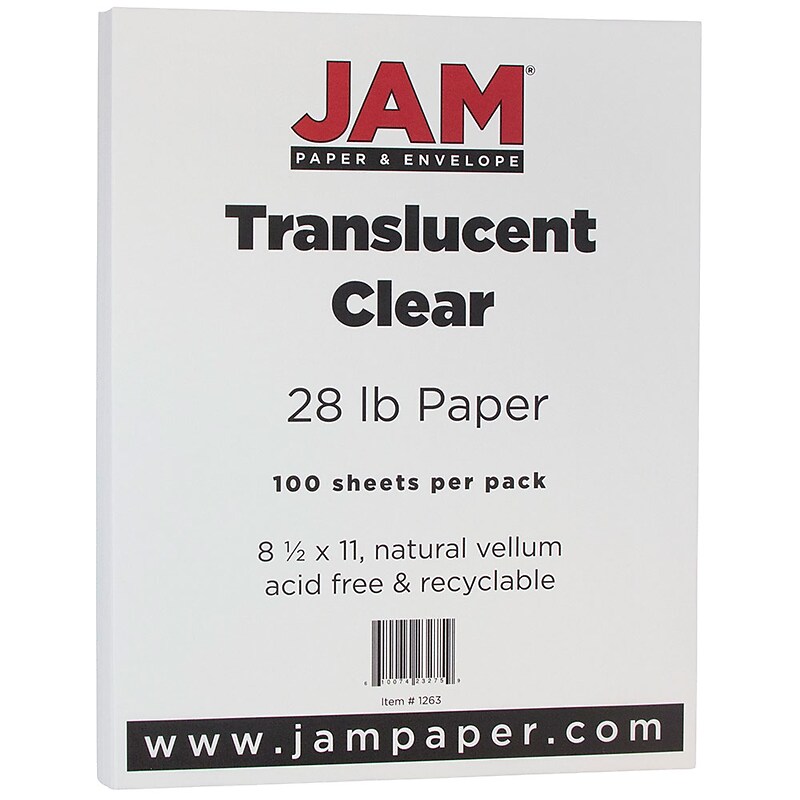 JAM Paper 8.5" x 11" Translucent Clear Vellum Paper, 28 lbs., 70 Brightness, 100 Sheets/Pack (1263) image 1