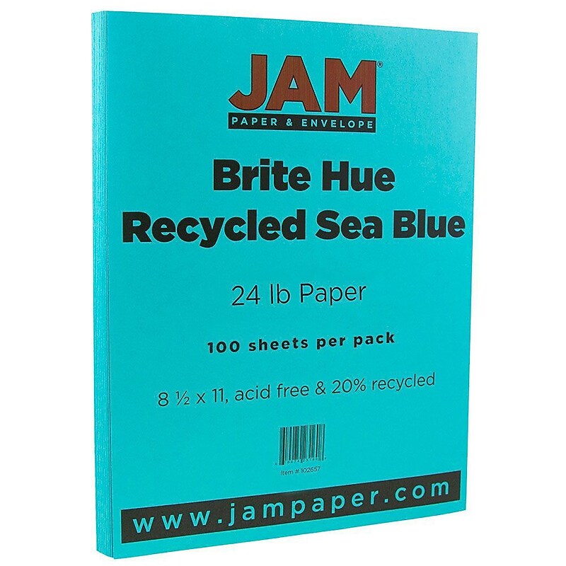 JAM Paper 8.5" x 11" Coor Copy Paper, 24 lbs., Sea Blue Recycled, 100 Sheets/Pack (102657) image 1
