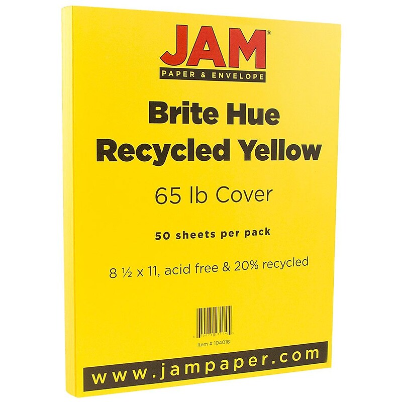 JAM Paper 65 lb. Cardstock Paper, 8.5" x 11", Yellow, 50 Sheets/Pack (104018) image 1