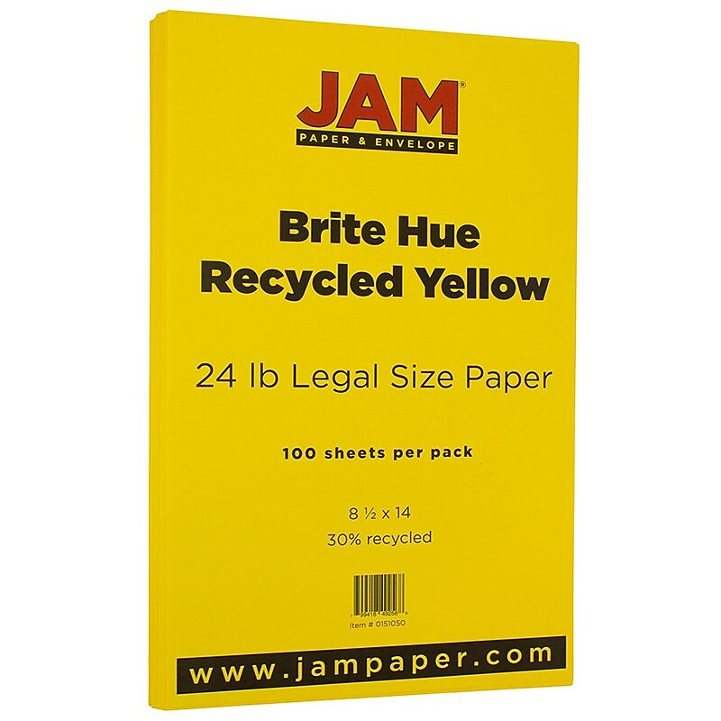 JAM Paper Smooth Colored 8.5" x 14" Paper, 24 lbs., Yellow Recycled, 100 Sheets/Pack (151050) image 1