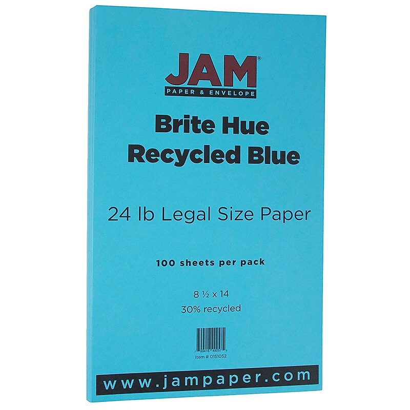 JAM Paper Smooth Colored 8.5" x 14", Copy Paper, 24 lbs., Blue Recycled, 100 Sheets/Pack (151052) image 1