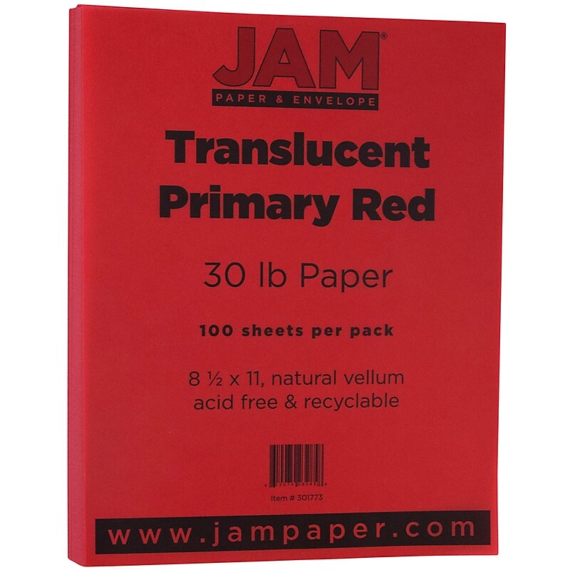JAM Paper Translucent Vellum Colored Paper, 30 lbs., 8.5" x 11", Primary Red, 100 Sheets/Pack (301773) image 1