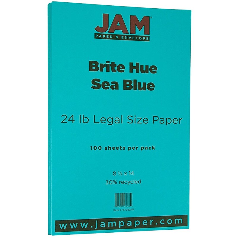 JAM Paper Smooth Colored 8.5" x 14" Copy Paper, 24 lbs., Sea Blue Recycled, 100 Sheets/Pack (16728245) image 1