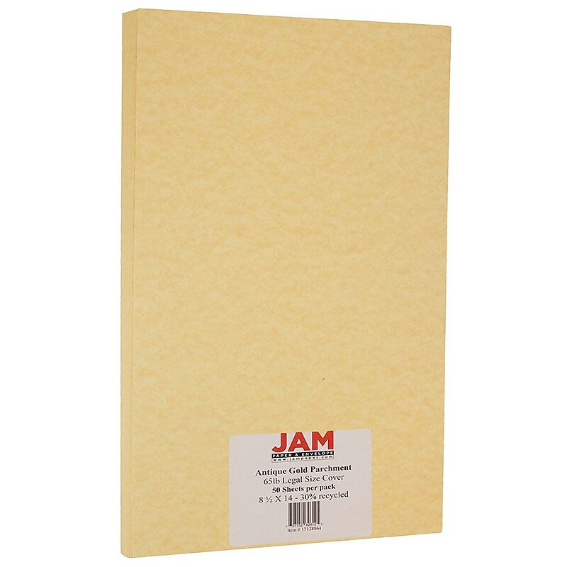 JAM Paper Parchment 65 lb. Cardstock Paper, 8.5" x 14", Antique Gold Yellow, 50 Sheets/Pack (17128864) image 1