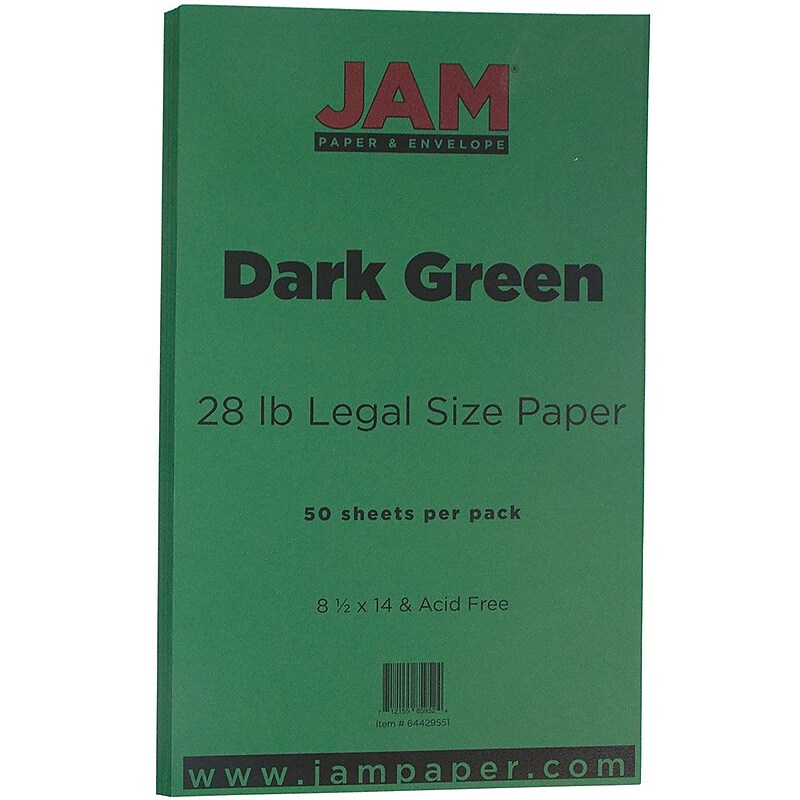 JAM Paper 8.5" x 14" Color Multipurpose Paper, 28 lbs., Dark Green, 50 Sheets/Ream (64429551) image 1