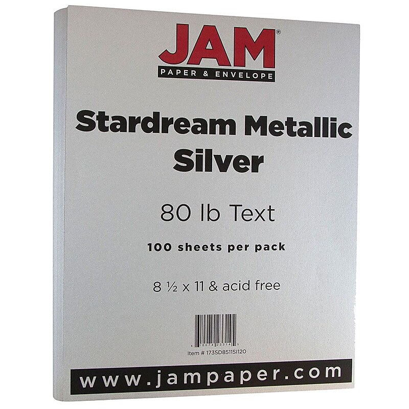 JAM Paper Metallic Colored Paper, 32 lbs., 8.5" x 11", Silver Stardream, 100 Sheets/Pack (173SD8511SI120) image 1