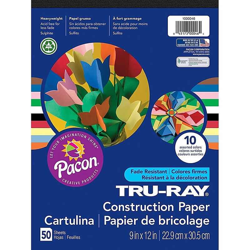 Pacon 9" x 12" Construction Paper, Assorted Colors, 50 Sheets/Pack, /Pad (P1000046) image 1